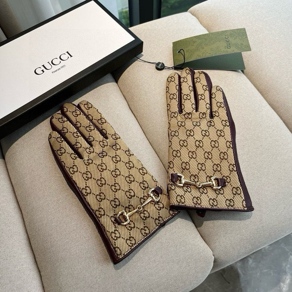 HORSEBIT GLOVES IN BEIGE MONOGRAM JACQUARD FABRIC MIX MERLOT RED SHEEPSKIN 456334