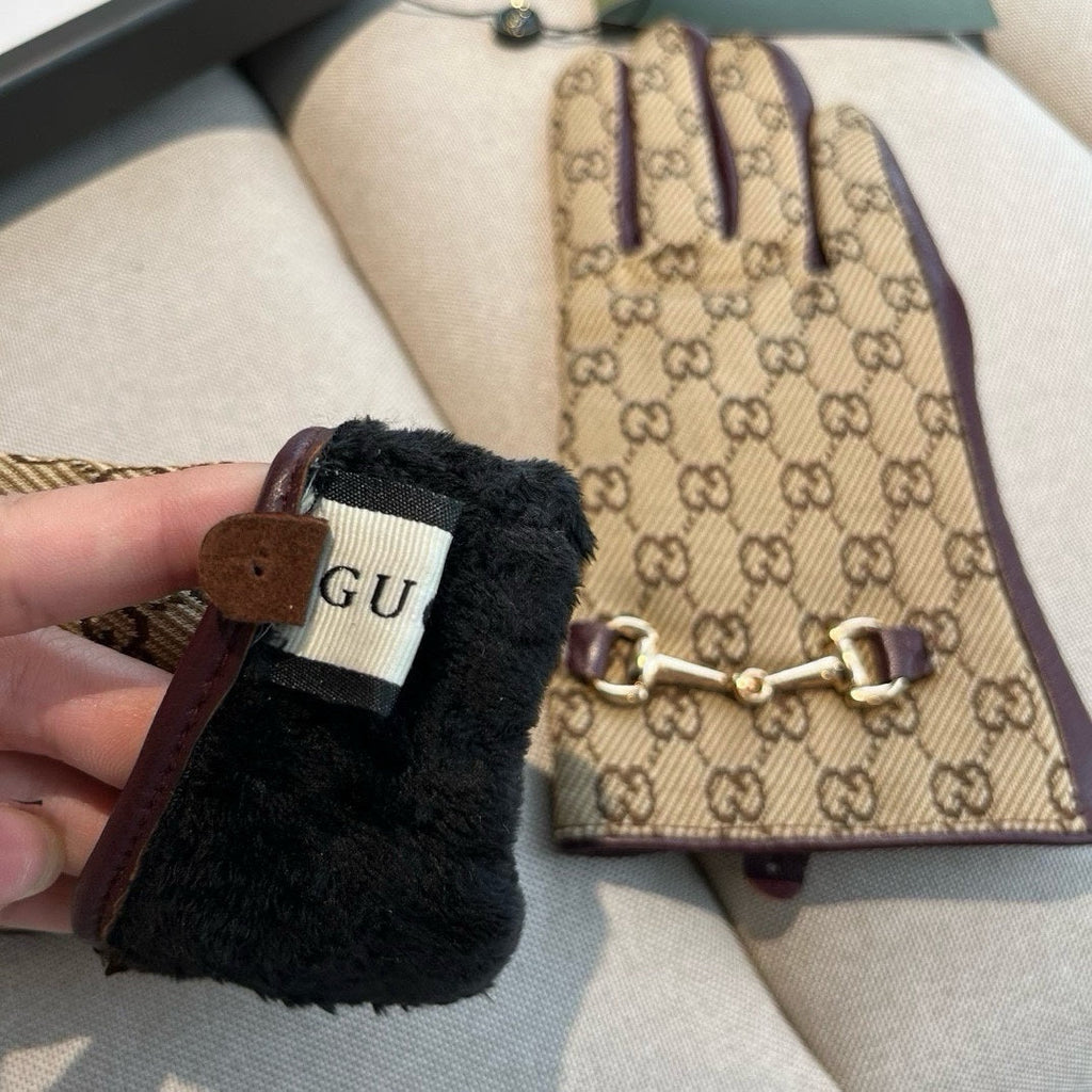 HORSEBIT GLOVES IN BEIGE MONOGRAM JACQUARD FABRIC MIX MERLOT RED SHEEPSKIN 456334