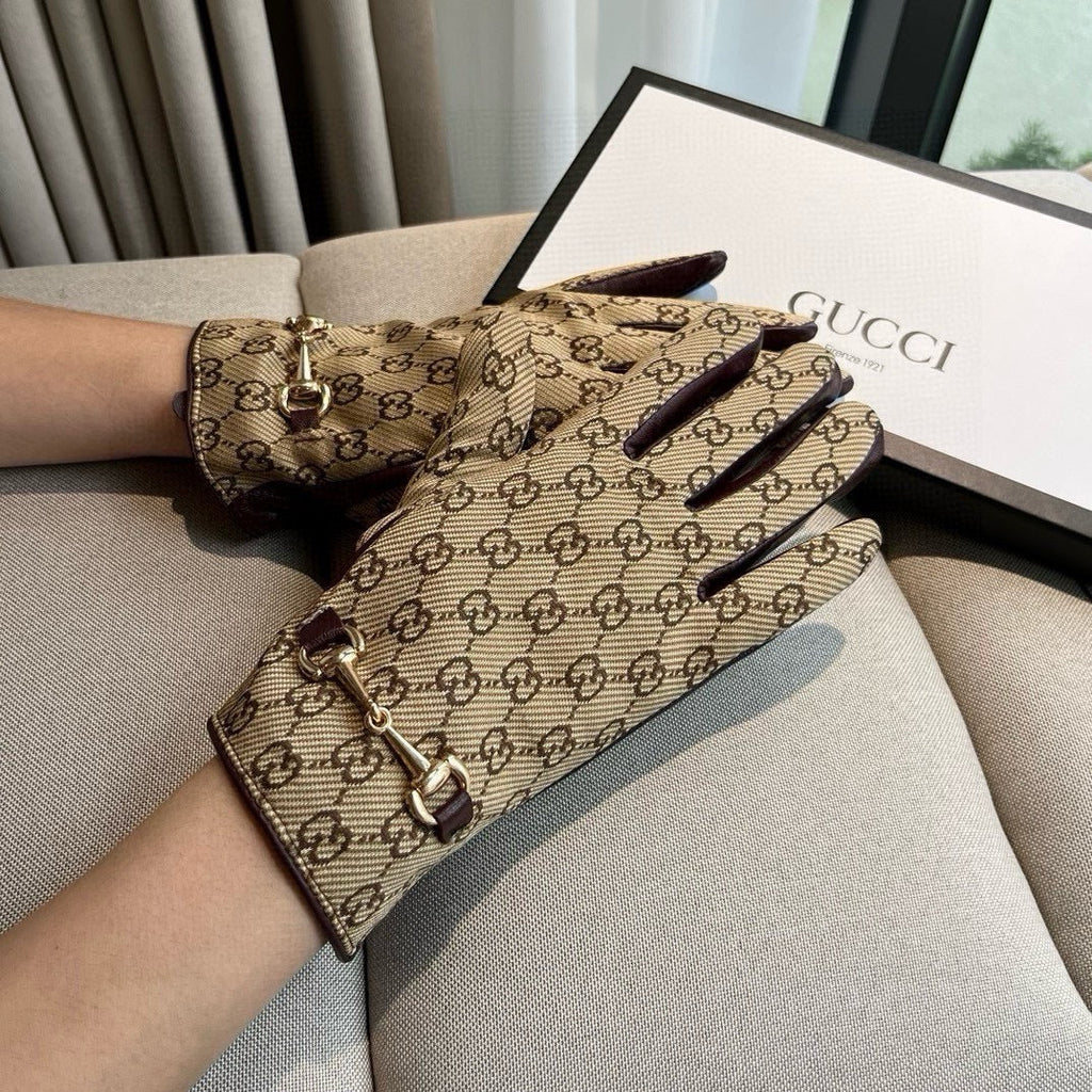 HORSEBIT GLOVES IN BEIGE MONOGRAM JACQUARD FABRIC MIX MERLOT RED SHEEPSKIN 456334