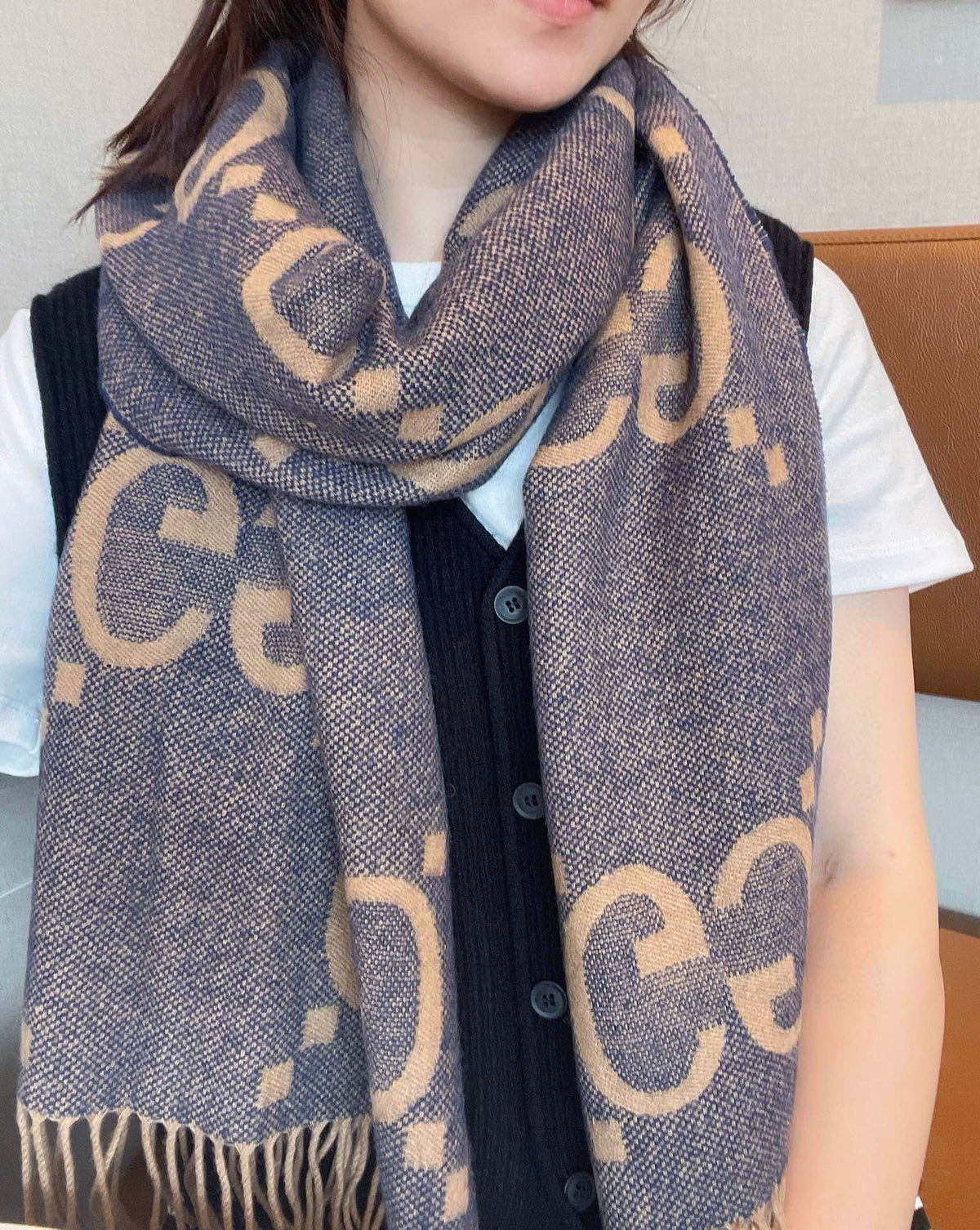 Gi JACQUARD PATTERN KNIT SCARF 195 CM WITH TASSELS PIGEON BLUE 403745