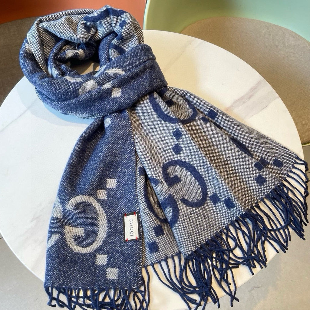 Gi  JACQUARD PATTERN KNIT SCARF 195 CM WITH TASSELS NAVY BLUE 403747