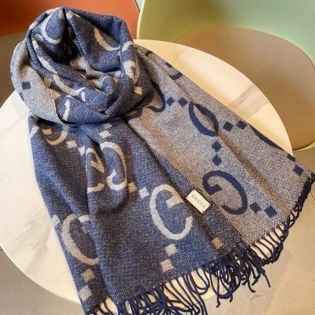 Gi  JACQUARD PATTERN KNIT SCARF 195 CM WITH TASSELS NAVY BLUE 403747