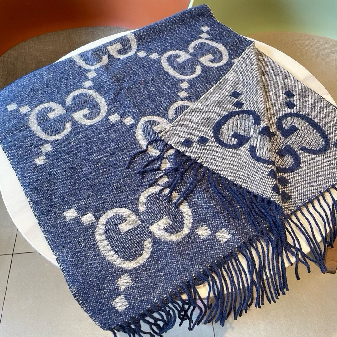 Gi  JACQUARD PATTERN KNIT SCARF 195 CM WITH TASSELS NAVY BLUE 403747