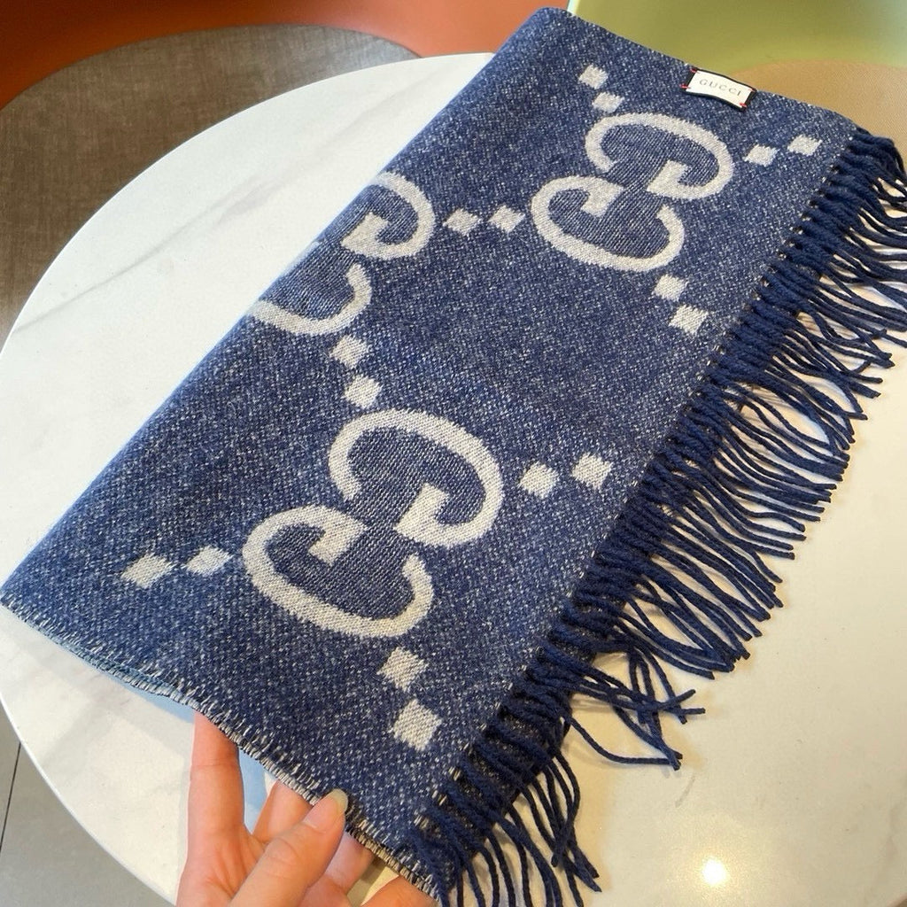 Gi  JACQUARD PATTERN KNIT SCARF 195 CM WITH TASSELS NAVY BLUE 403747