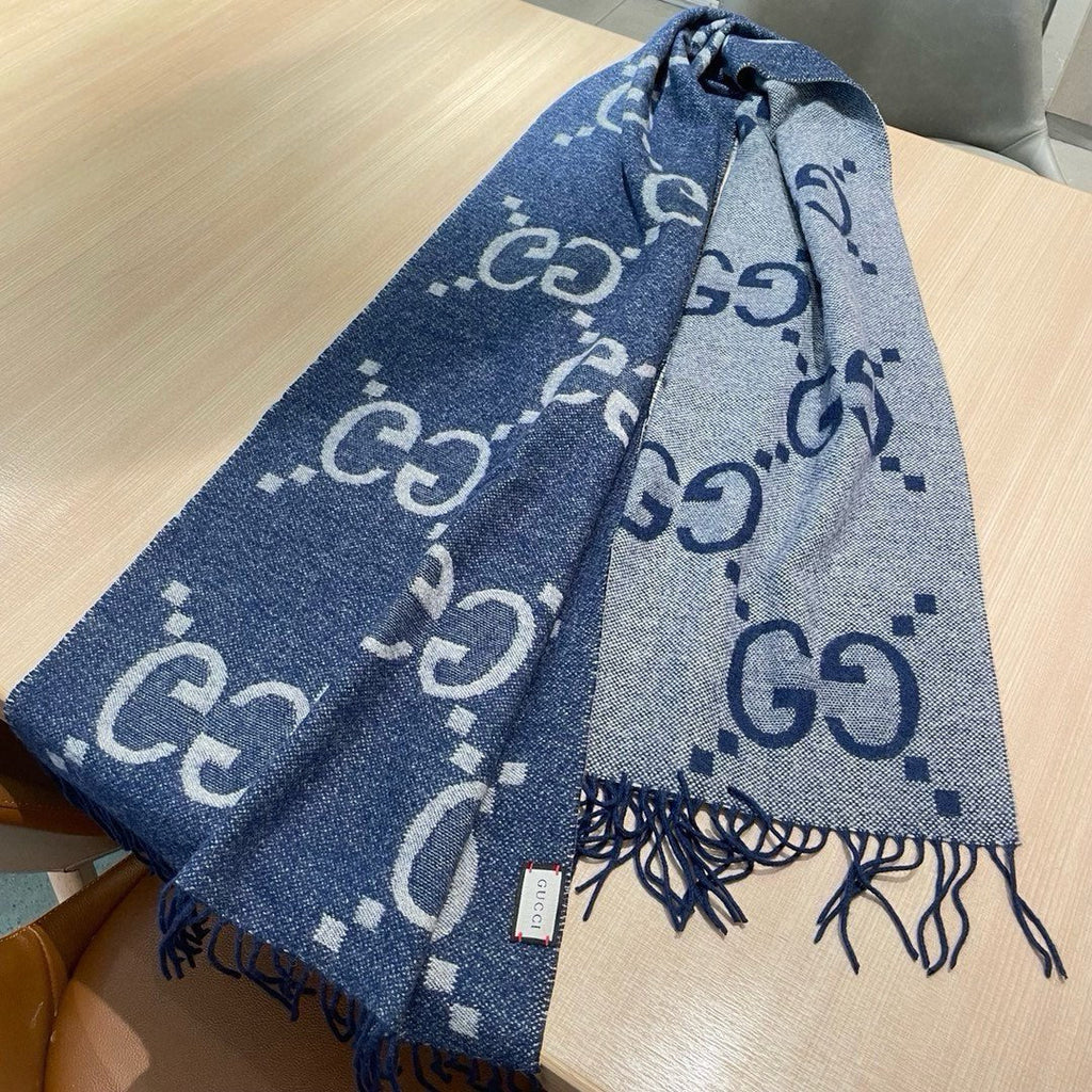 Gi  JACQUARD PATTERN KNIT SCARF 195 CM WITH TASSELS NAVY BLUE 403747