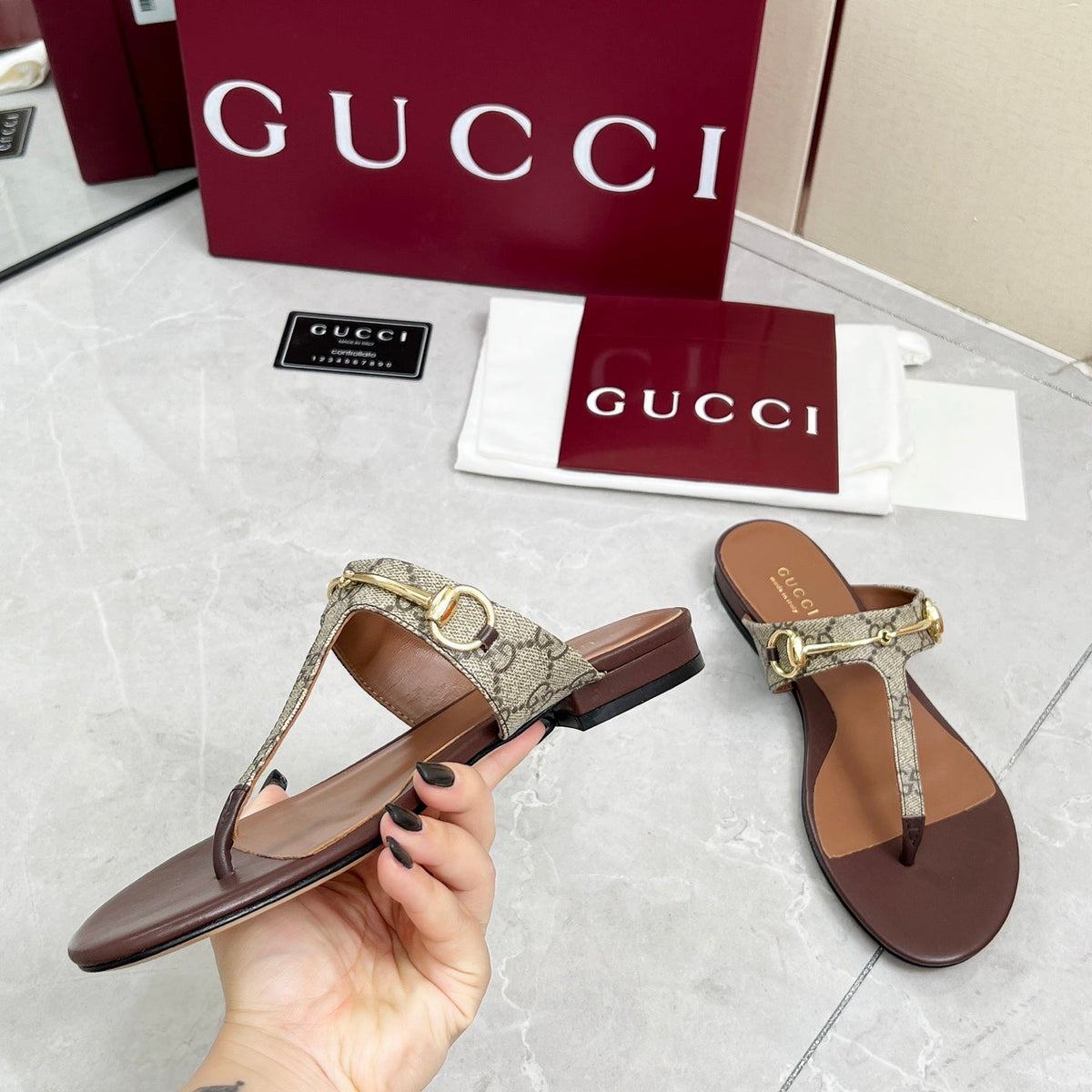 GC 25 Horsebit Thong Sandals Brown Canvas Leather 293854