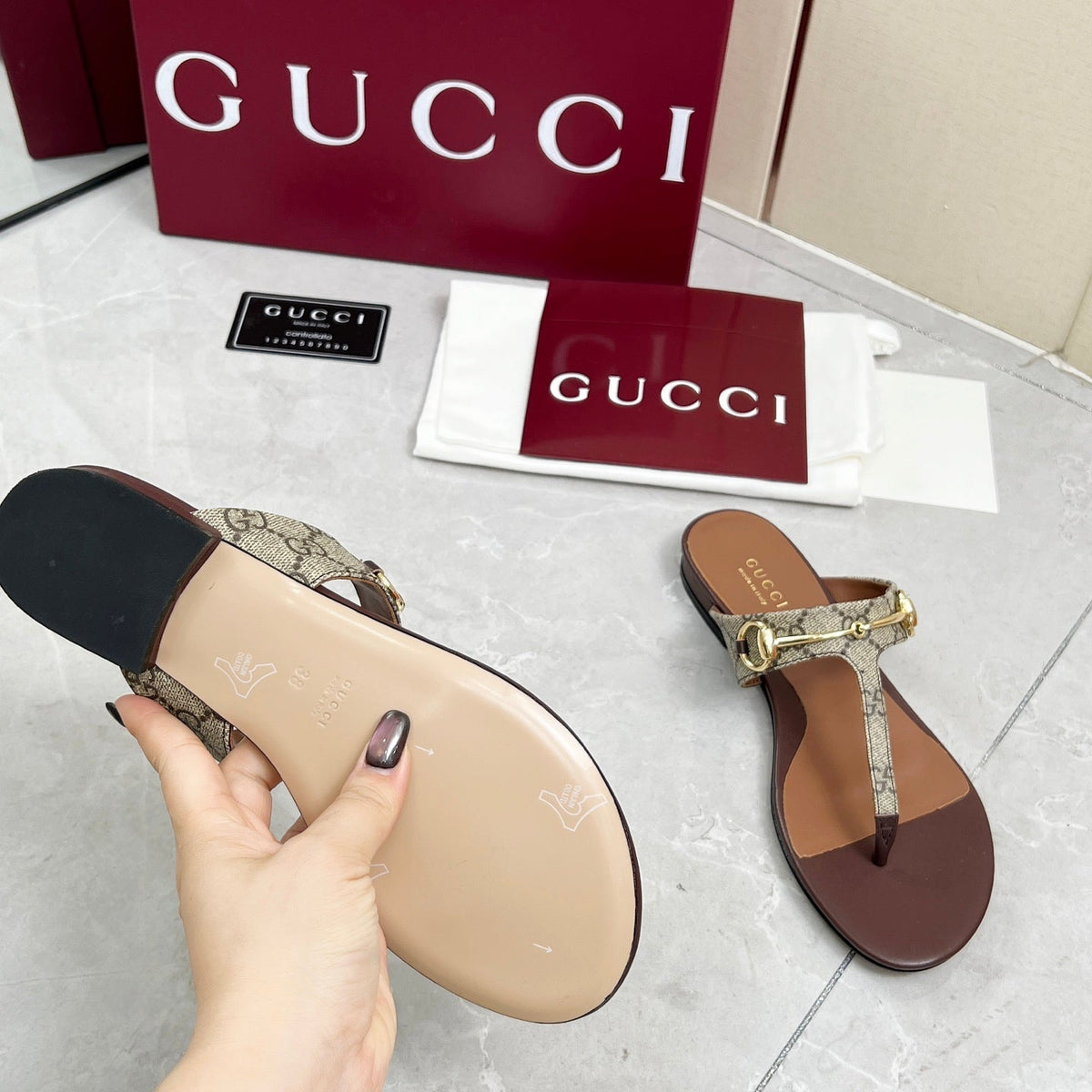 GC 25 Horsebit Thong Sandals Brown Canvas Leather 293854