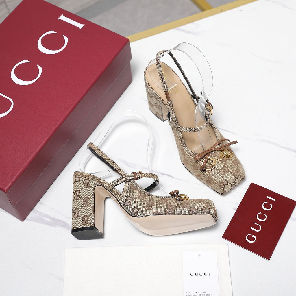 Gi Horsebit Slingback Pumps Beige Jacquard Canvas 504425