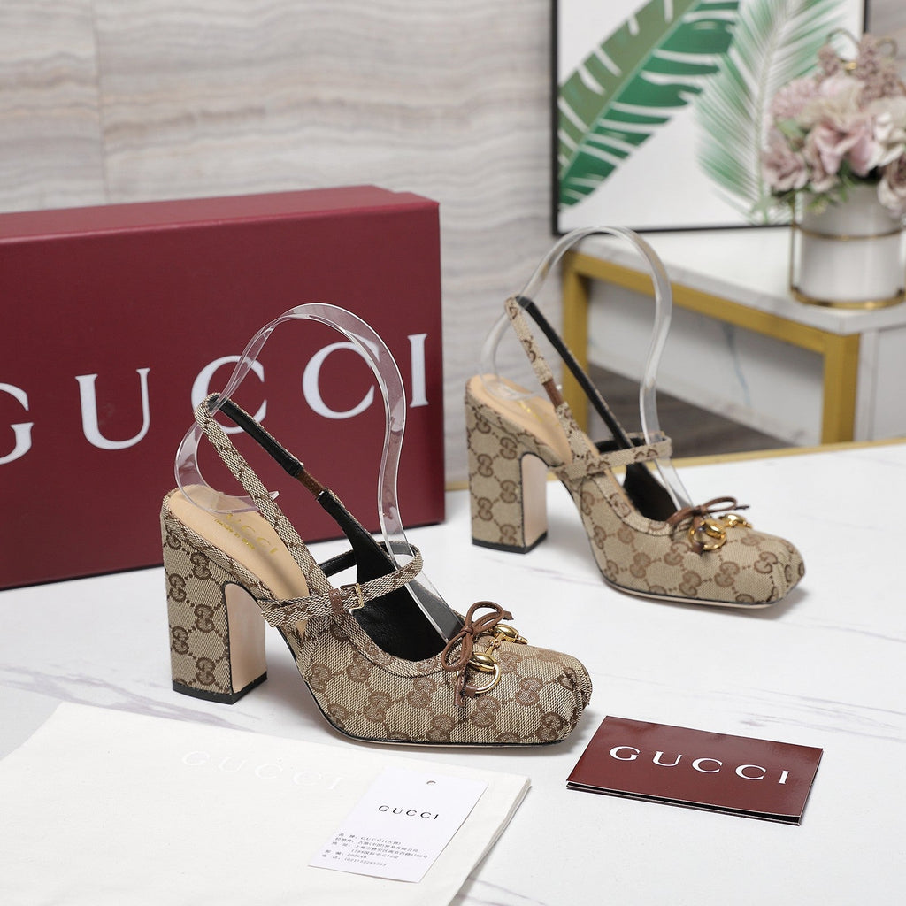 Gi Horsebit Slingback Pumps Beige Jacquard Canvas 504425