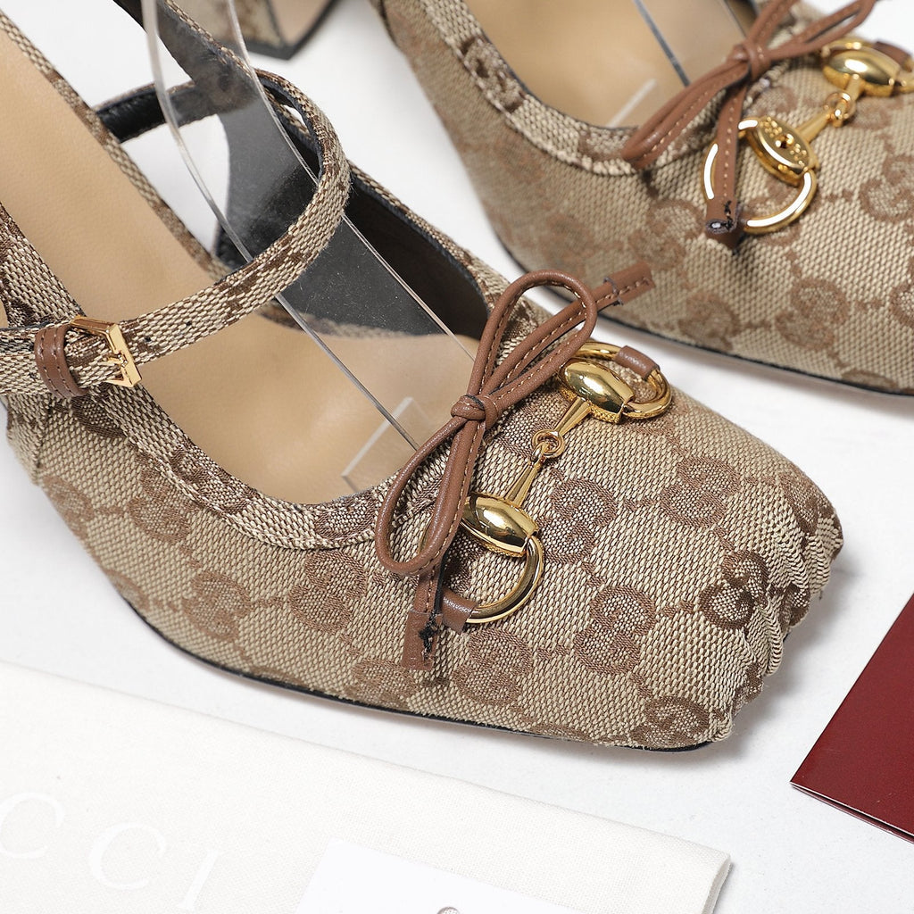 Gi Horsebit Slingback Pumps Beige Jacquard Canvas 504425