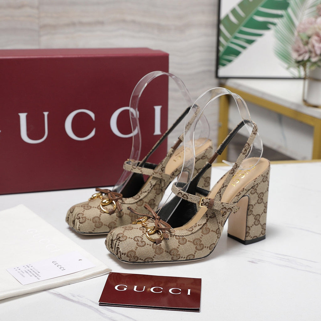 Gi Horsebit Slingback Pumps Beige Jacquard Canvas 504425