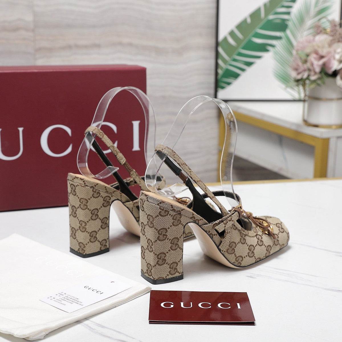 Gi Horsebit Slingback Pumps Beige Jacquard Canvas 504425