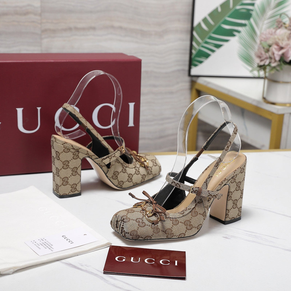 Gi Horsebit Slingback Pumps Beige Jacquard Canvas 504425