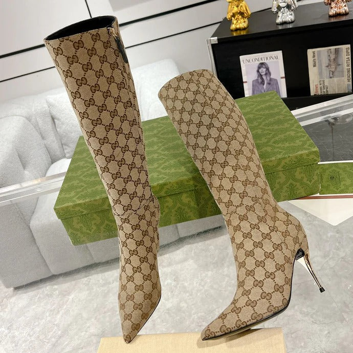 Gi 2026 High-Heeled Boot Beige Canvas Leather 953419