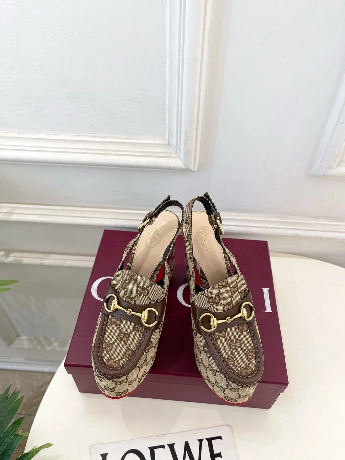 Gi 26SS Platform Sandals 130 Beige Brown Monogram Fabric Sheepskin 640267
