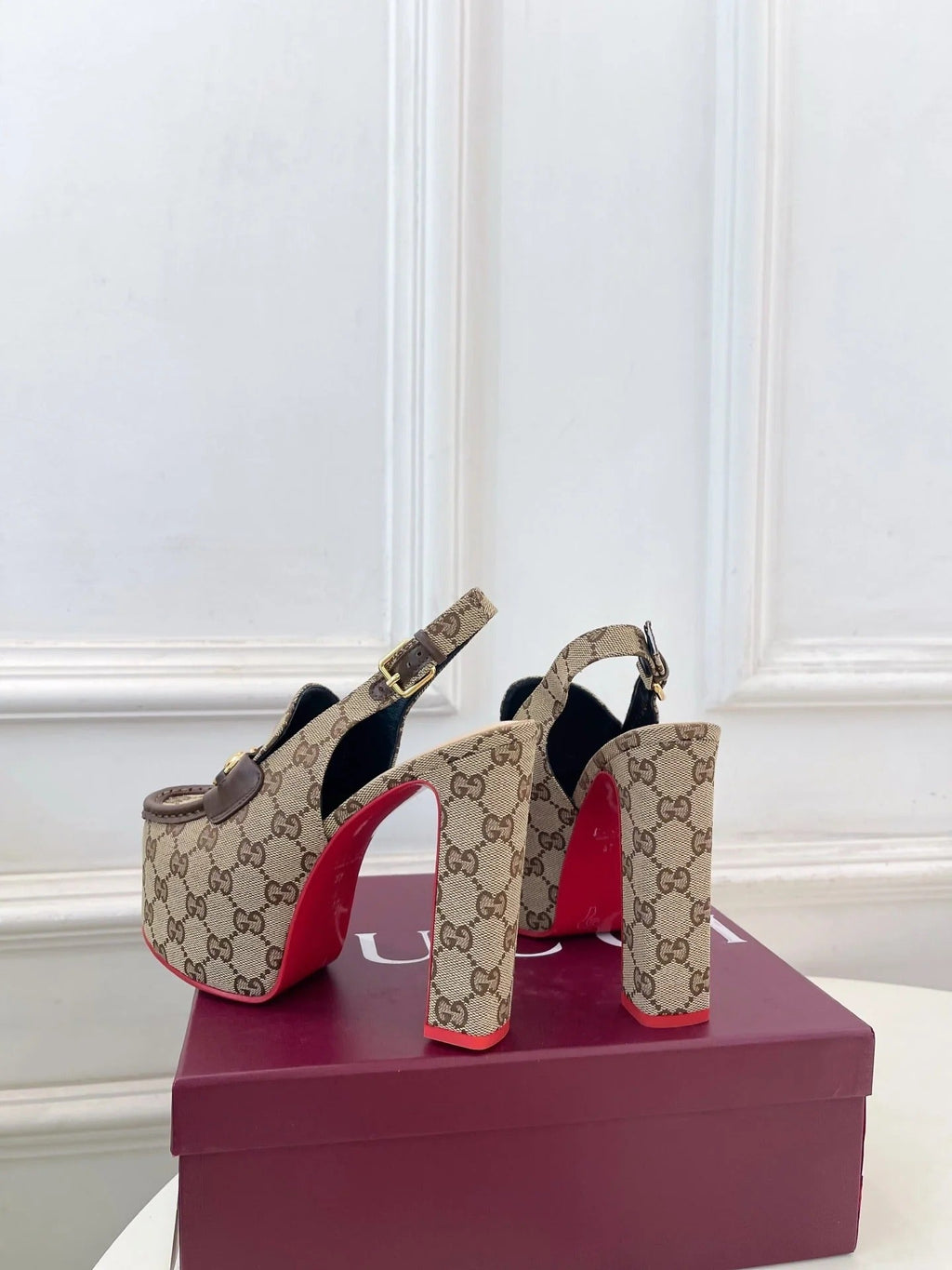 Gi 26SS Platform Sandals 130 Beige Brown Monogram Fabric Sheepskin 640267