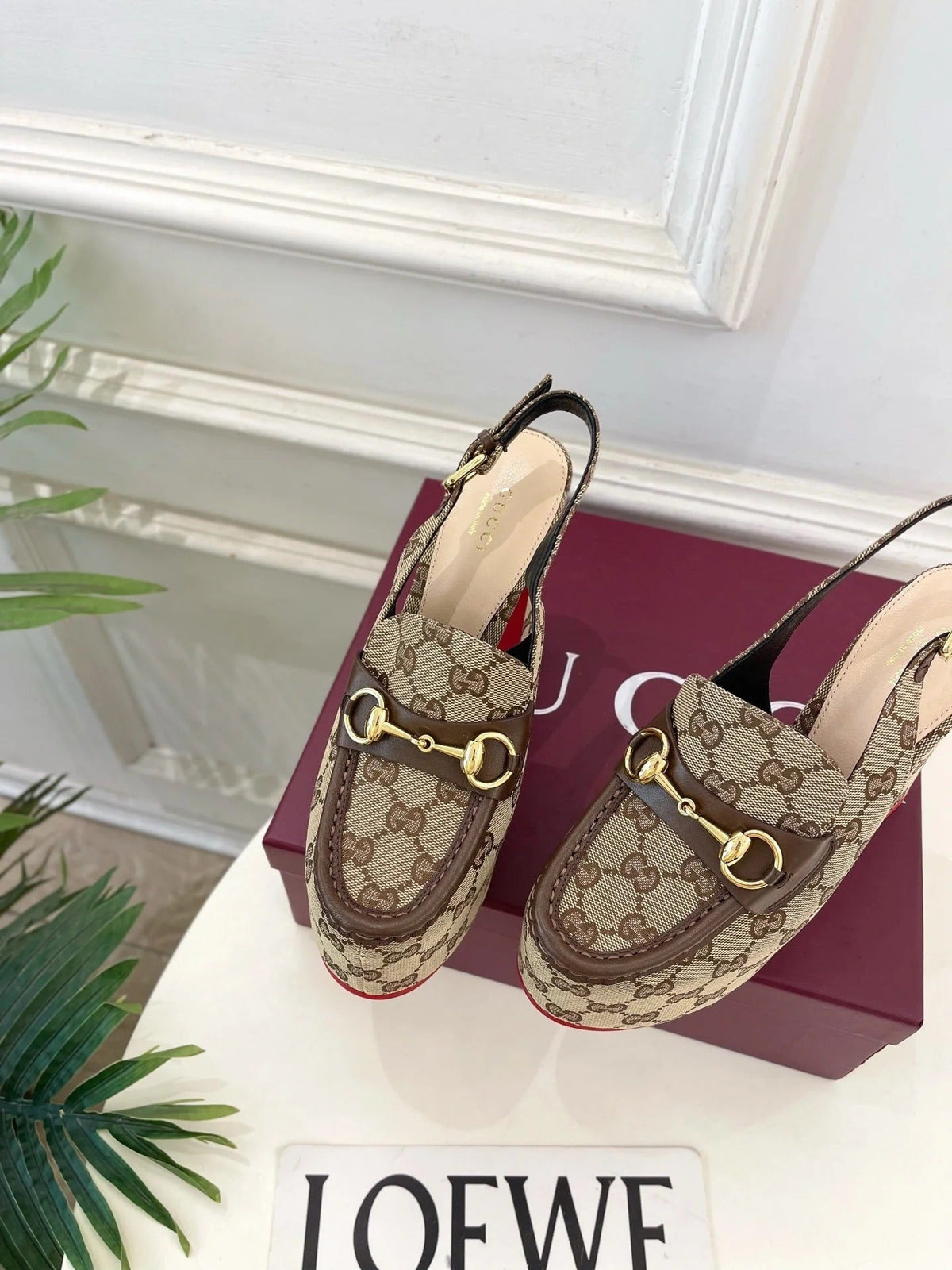 Gi 26SS Platform Sandals 130 Beige Brown Monogram Fabric Sheepskin 640267