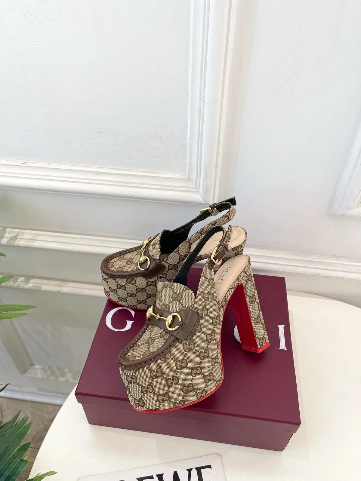 Gi 26SS Platform Sandals 130 Beige Brown Monogram Fabric Sheepskin 640267