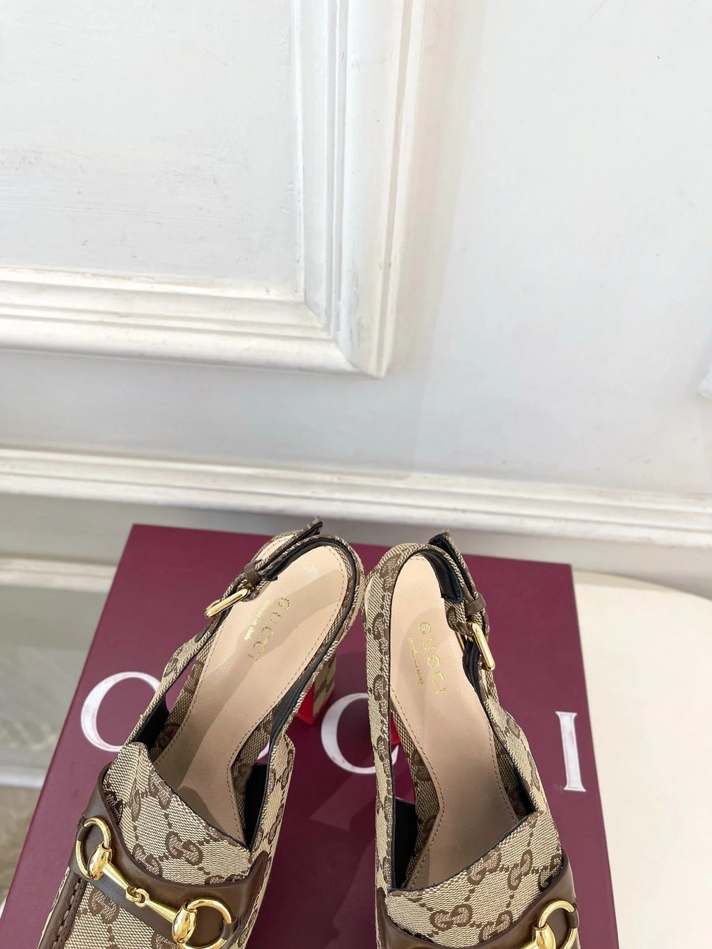 Gi 26SS Platform Sandals 130 Beige Brown Monogram Fabric Sheepskin 640267