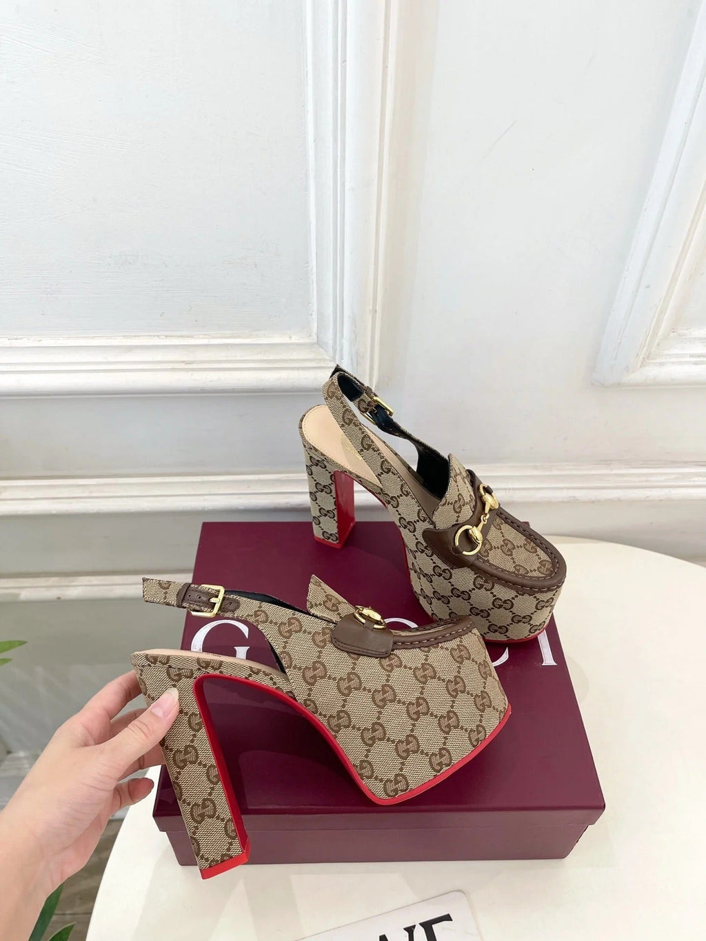 Gi 26SS Platform Sandals 130 Beige Brown Monogram Fabric Sheepskin 640267